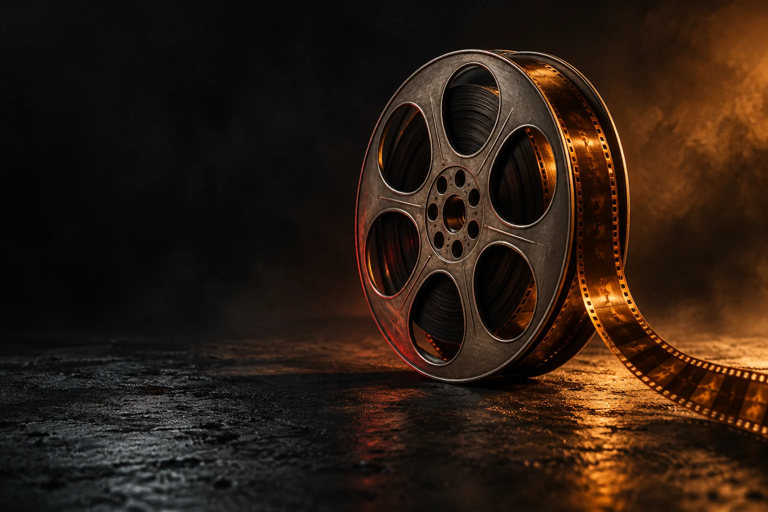 A dark metal cinema reel with turmeric light and a strip of film.